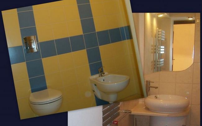 Сочетание ванной комнаты с глазурью с использованием разных цветов и причудливого выреза