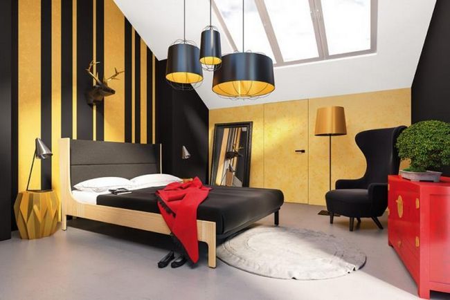 Расположение спальни в желтом и черном цвете